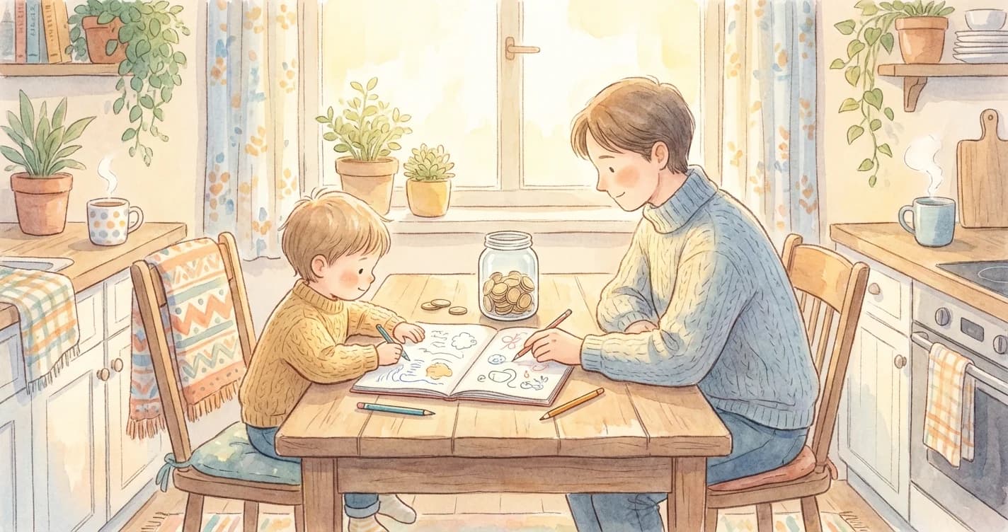 Parent and child discussing money at the kitchen table