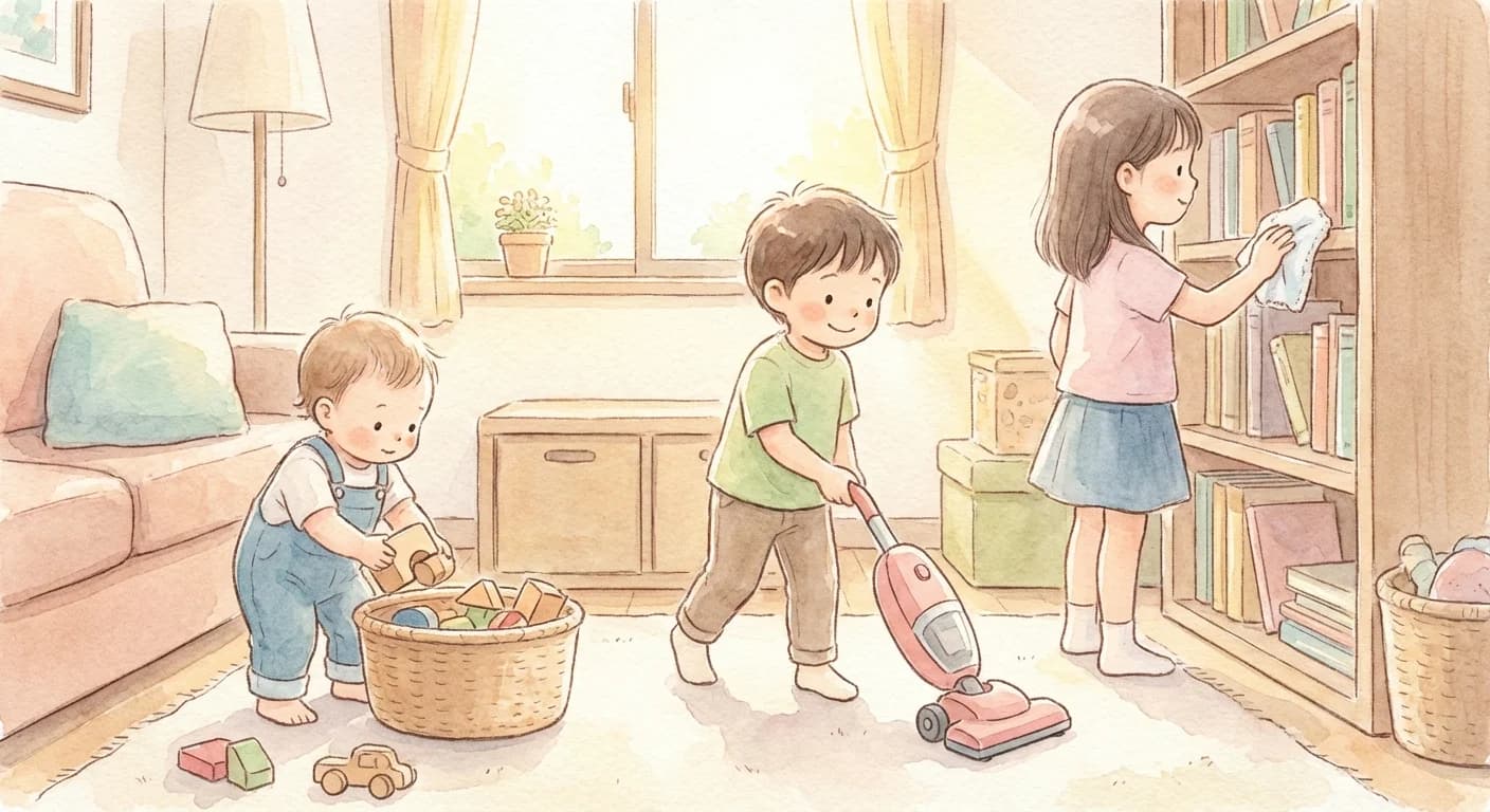 Children of different ages helping around the house