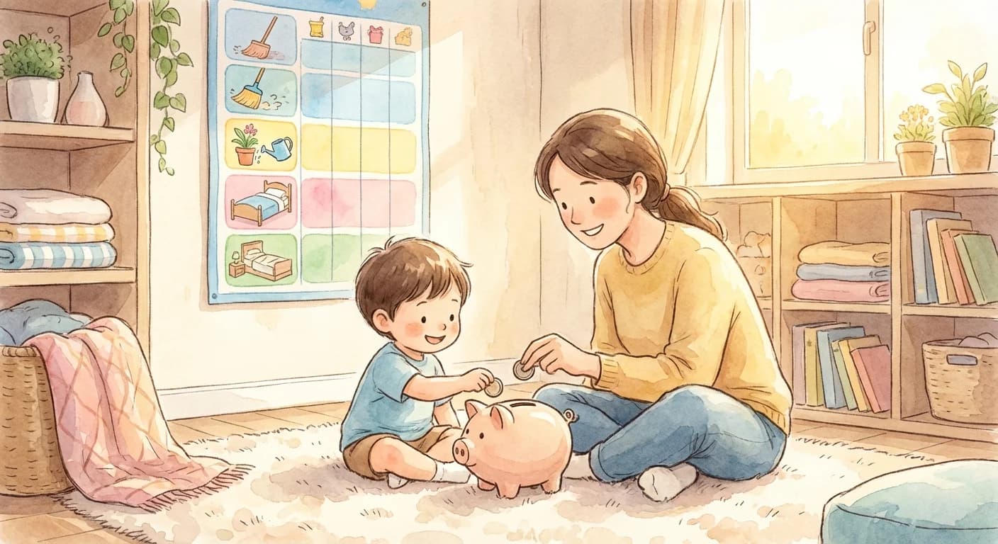 Parent and child with a piggy bank and chore chart