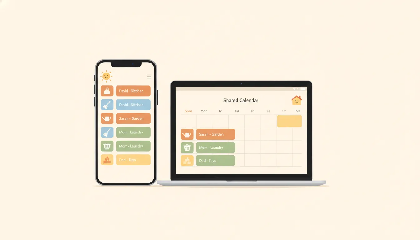 iPhone and Mac screens showing a shared family chore calendar
