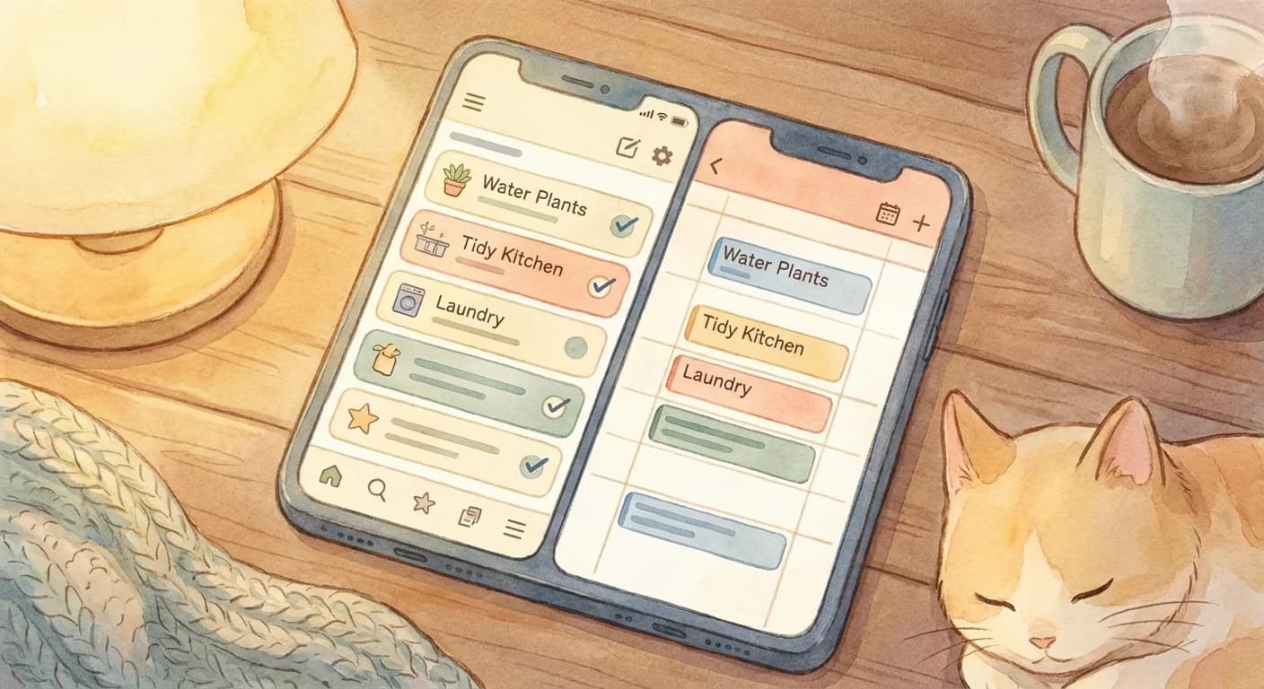 Phone with chore app and calendar synced side by side