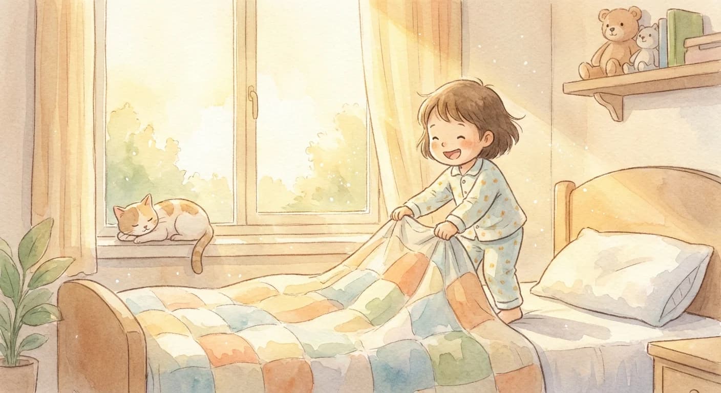 Child making their bed with sunshine through the window