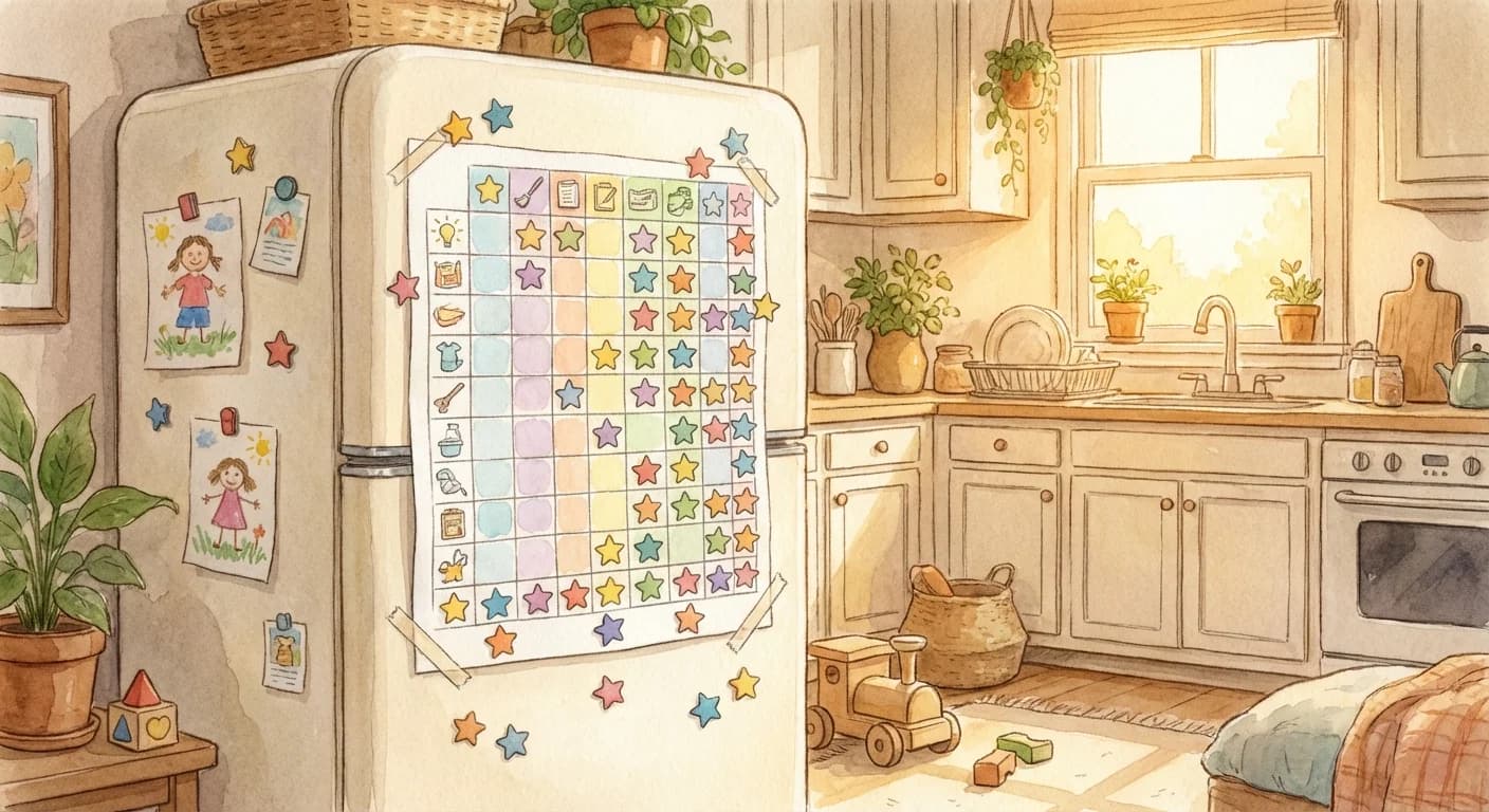 Colorful chore chart on a refrigerator with star stickers