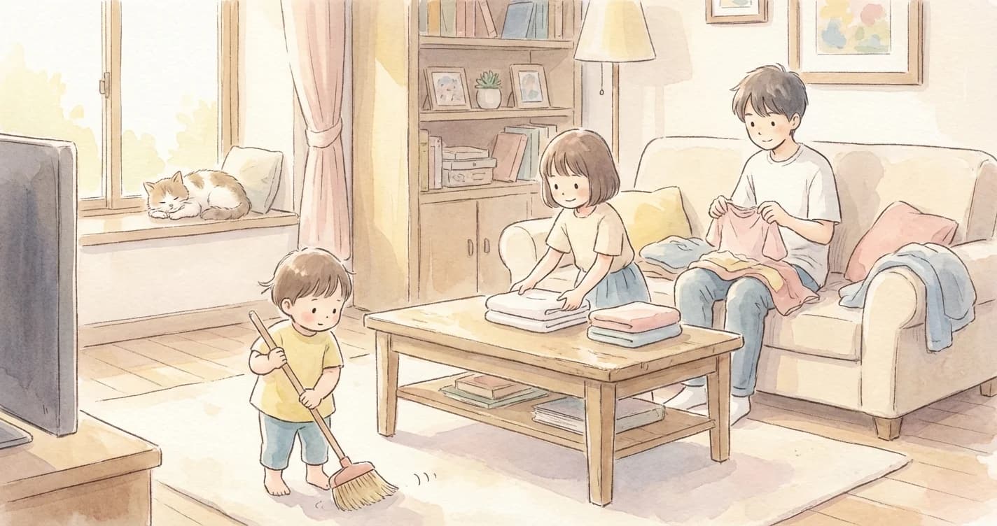 Children of different ages helping with household chores