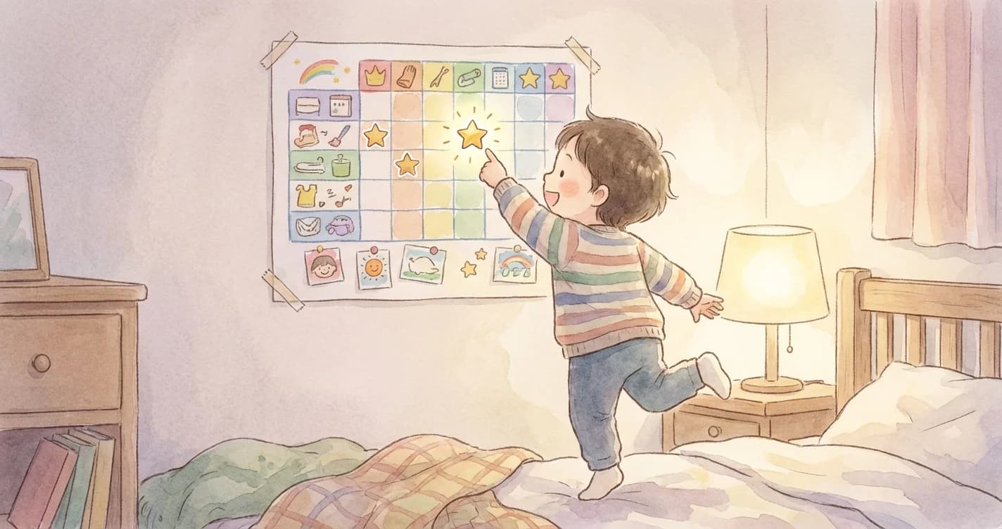 Excited child with gold star sticker on a colorful chore chart