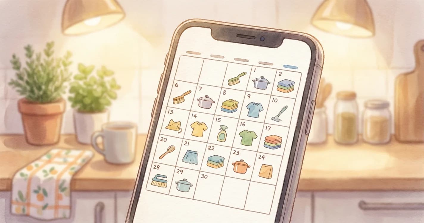 Phone screen showing a calendar with colorful chore icons