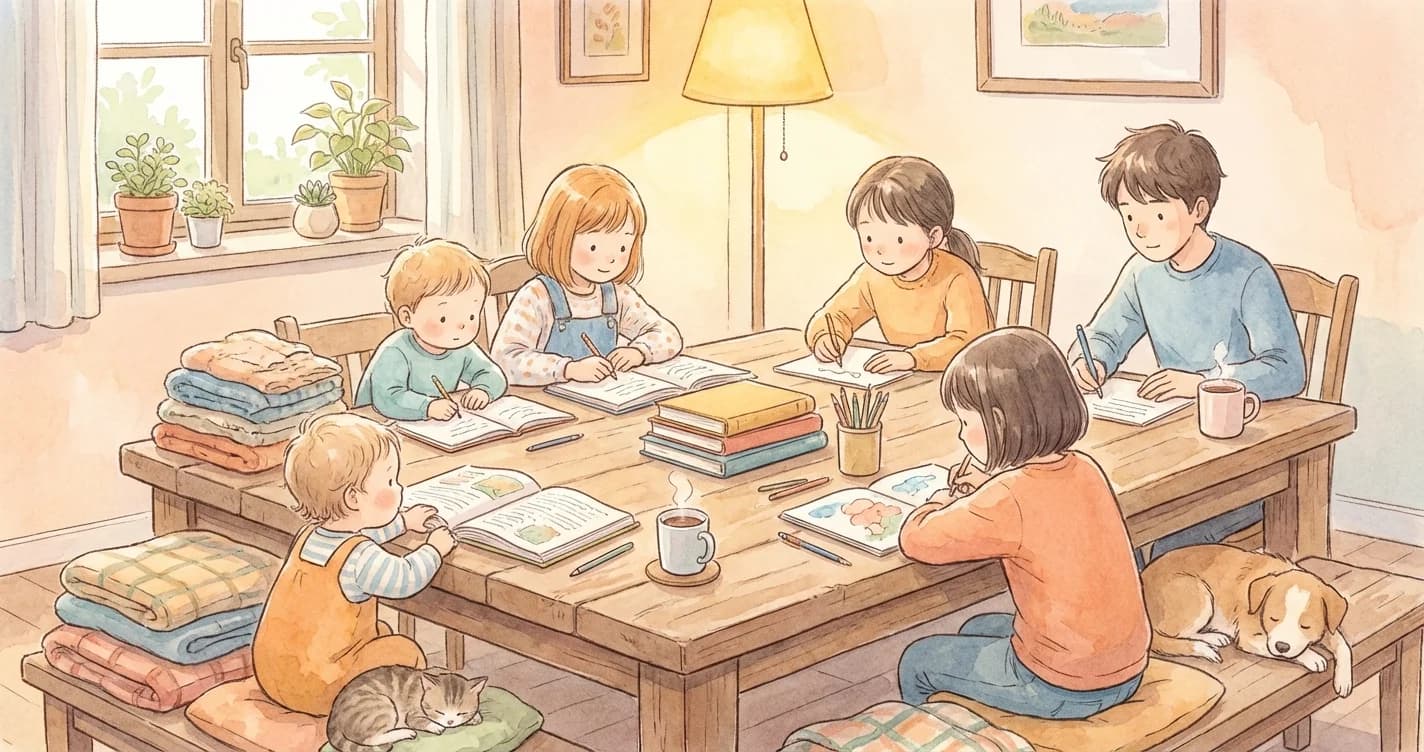 Multiple children of different ages studying together at a table