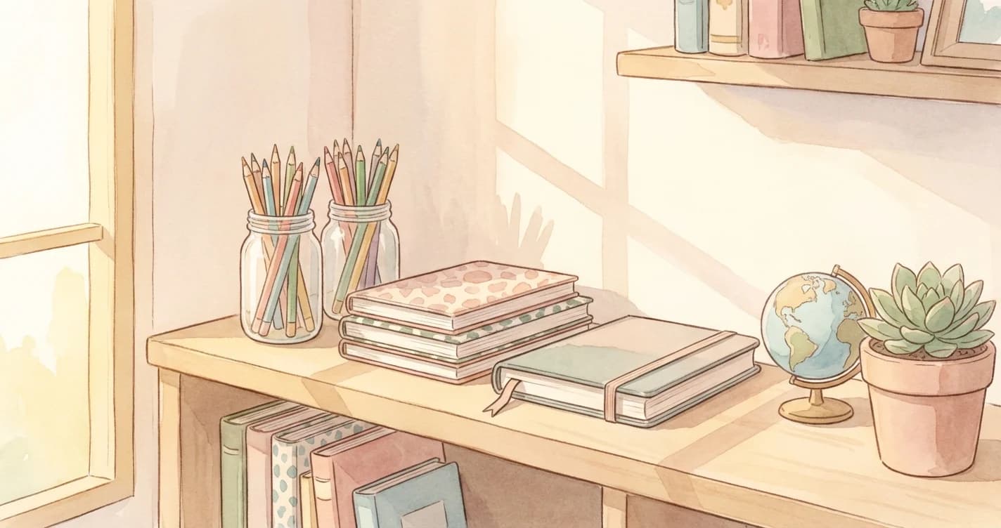 Organized shelf with school supplies and a planner