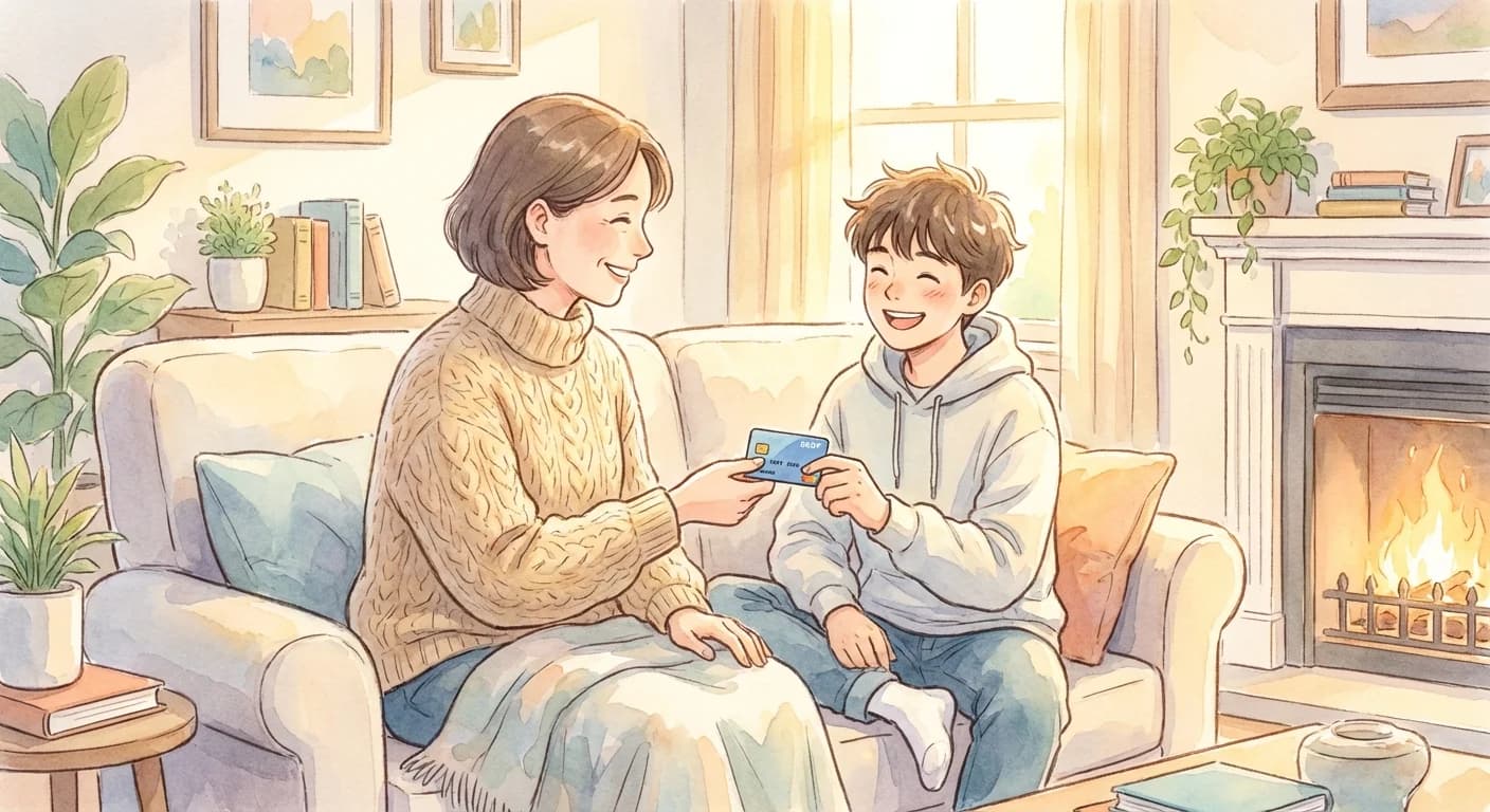 Parent handing a debit card to a happy teenager