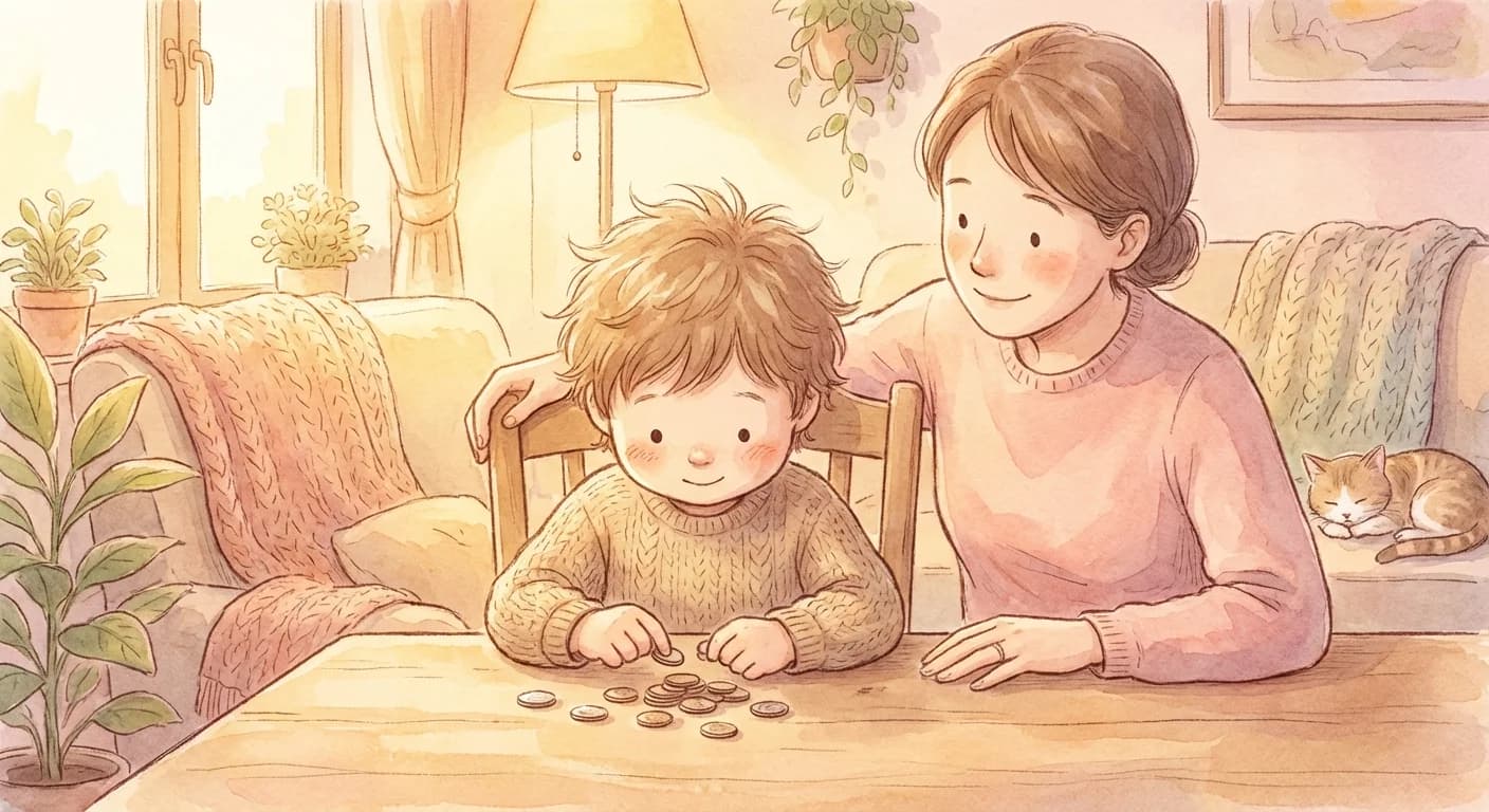 Child counting coins with parent watching proudly