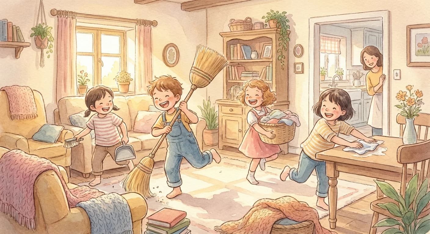 Excited children racing to finish chores with enthusiasm