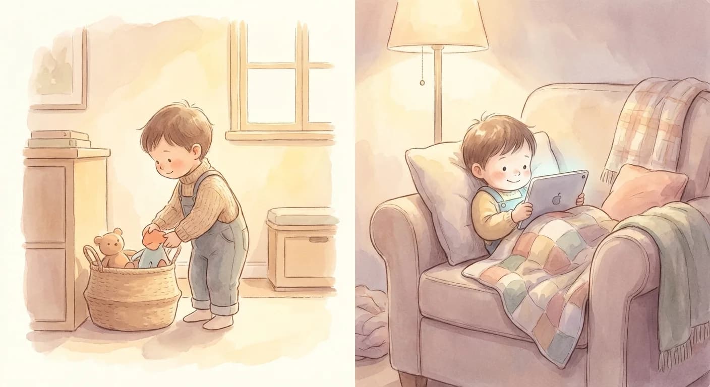 Child finishing chores then happily using a tablet