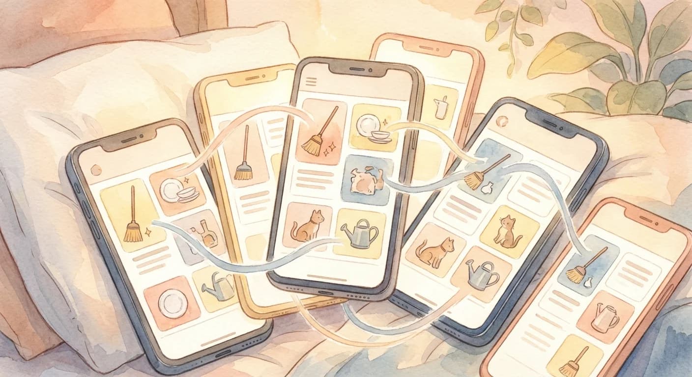 Multiple phone screens syncing family chore calendars