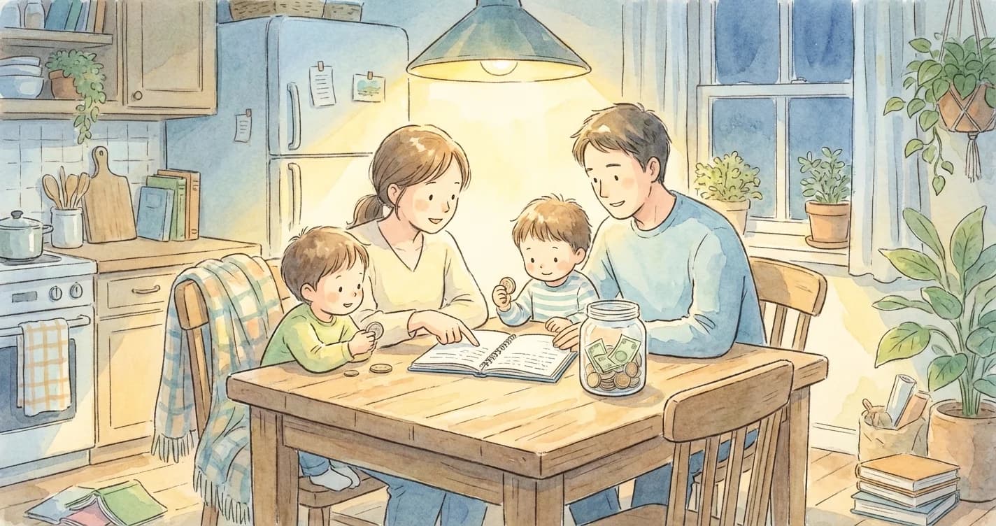 Family at table with money jar and notebook teaching kids about finances