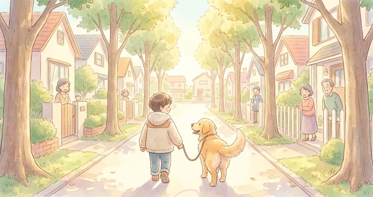 Child walking a dog in a friendly neighborhood