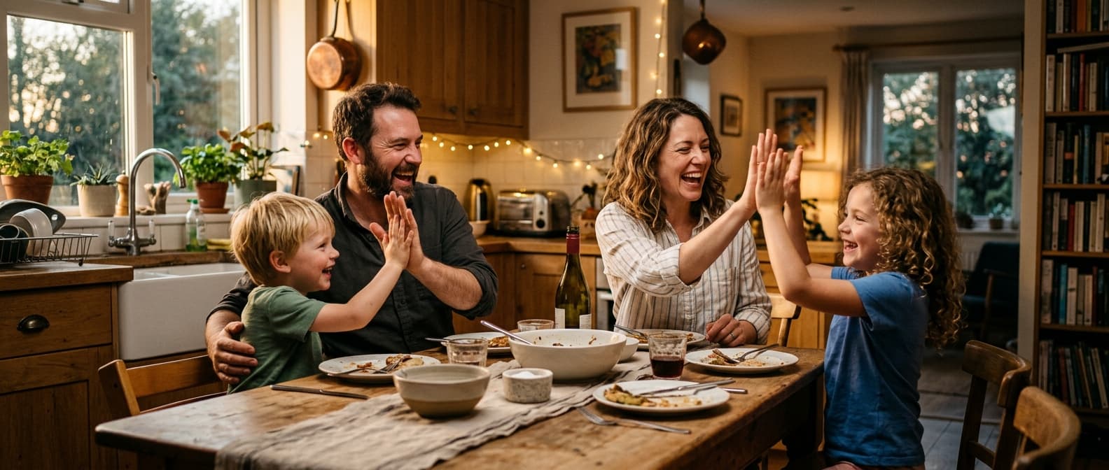 Family celebrating together around the kitchen table