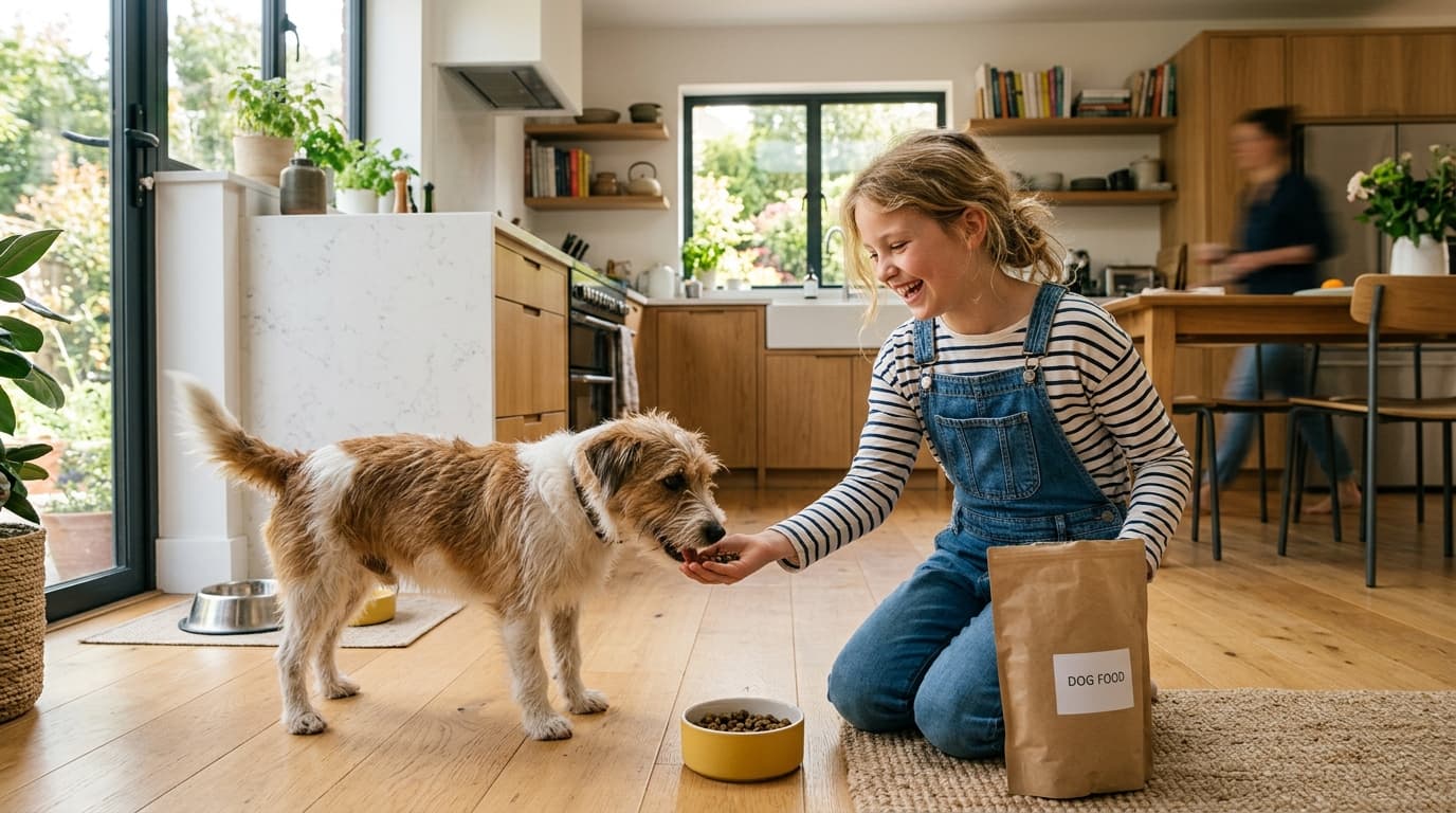 Child feeding the family dog in a sunny kitchen