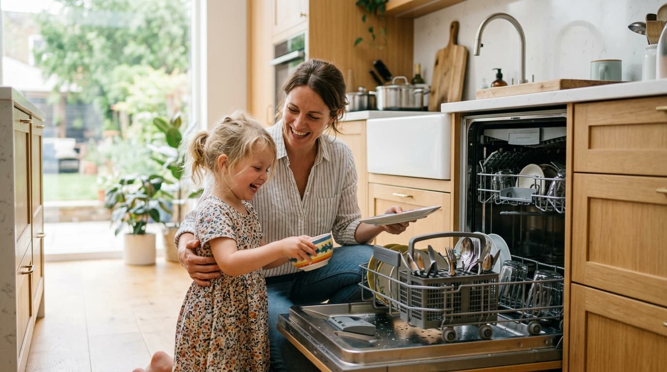 Parent and child loading the dishwasher together