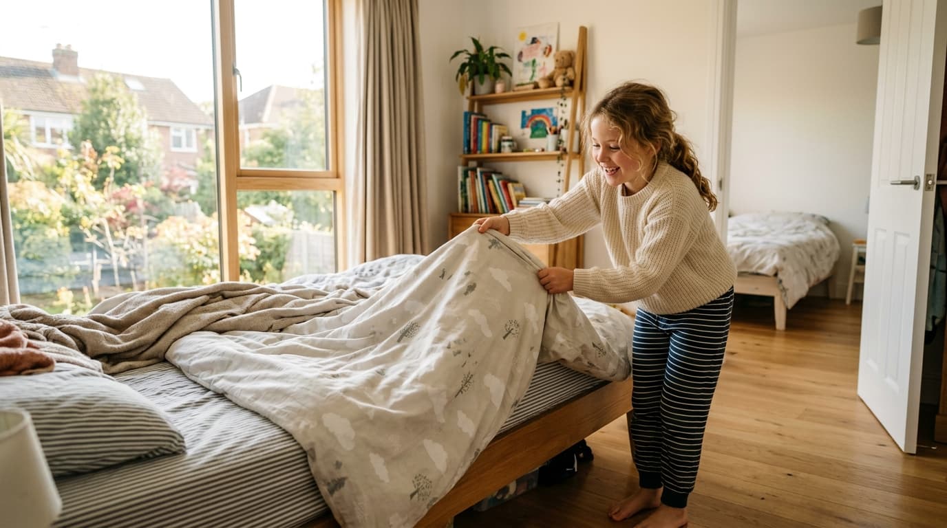 Child making their bed in a bright modern bedroom