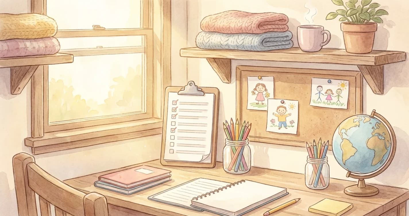 Homeschool desk with organized task list and school supplies